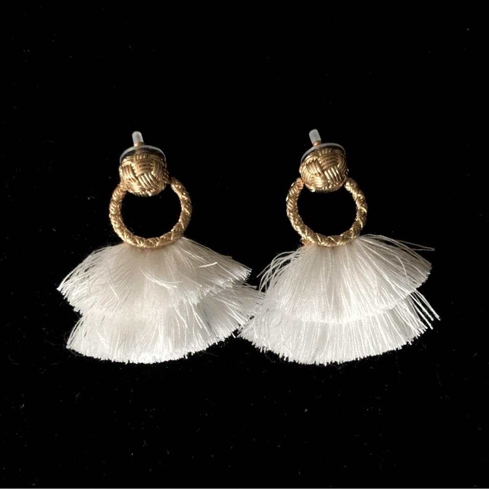 For Love & Lemons - Loop Fringe Door knocker Post Earrings, Gold/White